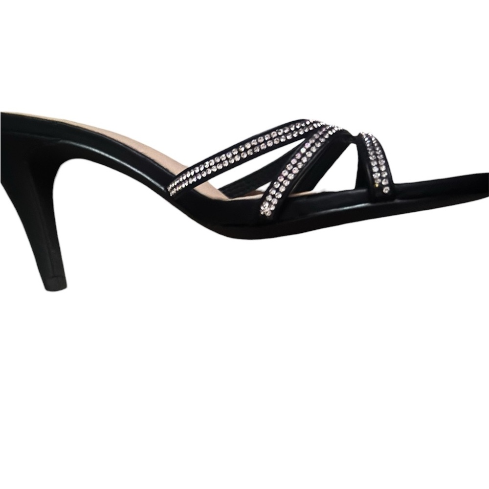 Black Rhinestone Strappy Kitten Heel Sandals